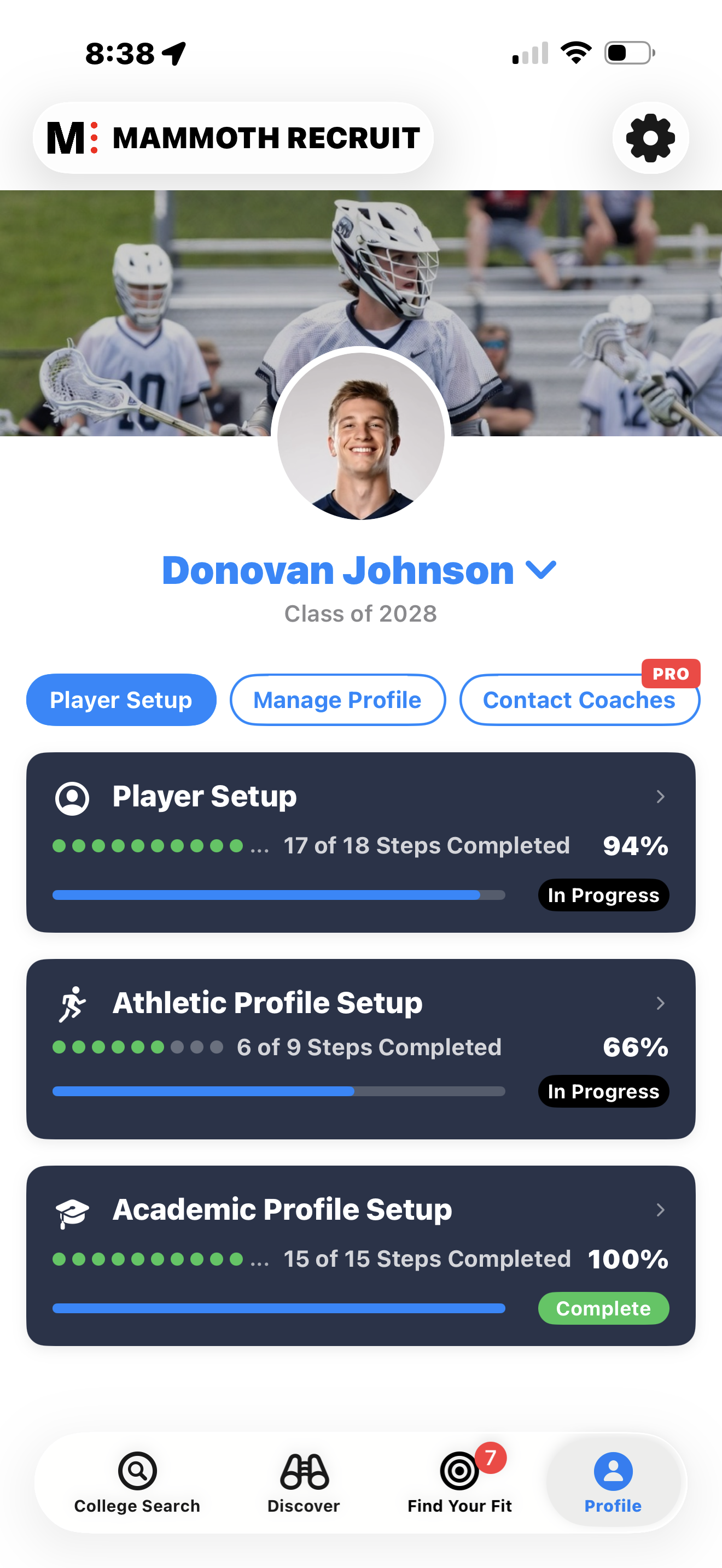 Mammoth Recruit iPhone player profile dashboard