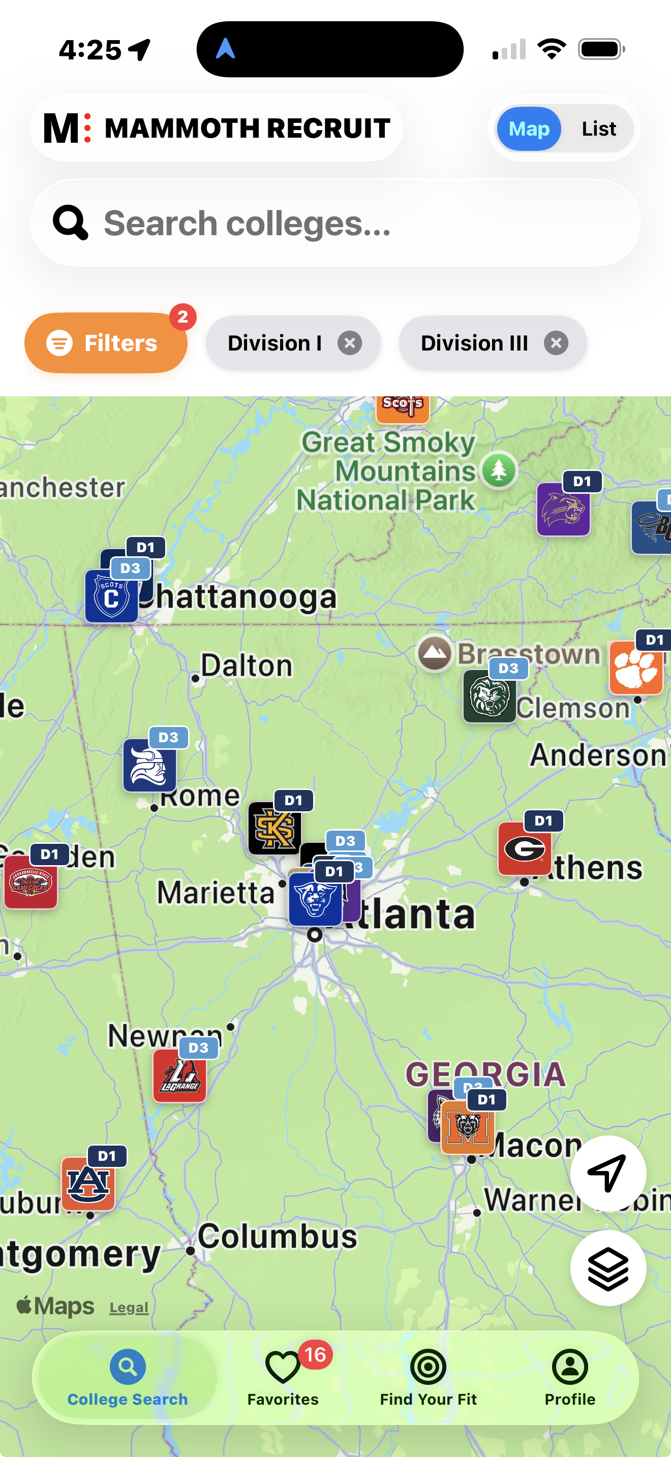 Mammoth Recruit map of college programs