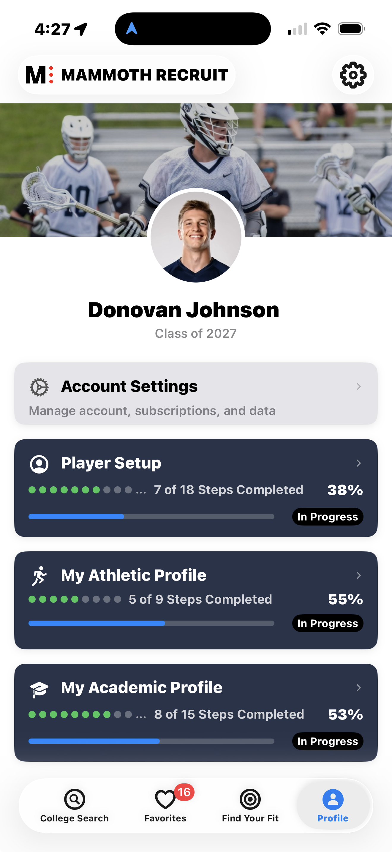 Mammoth Recruit athlete profile screen